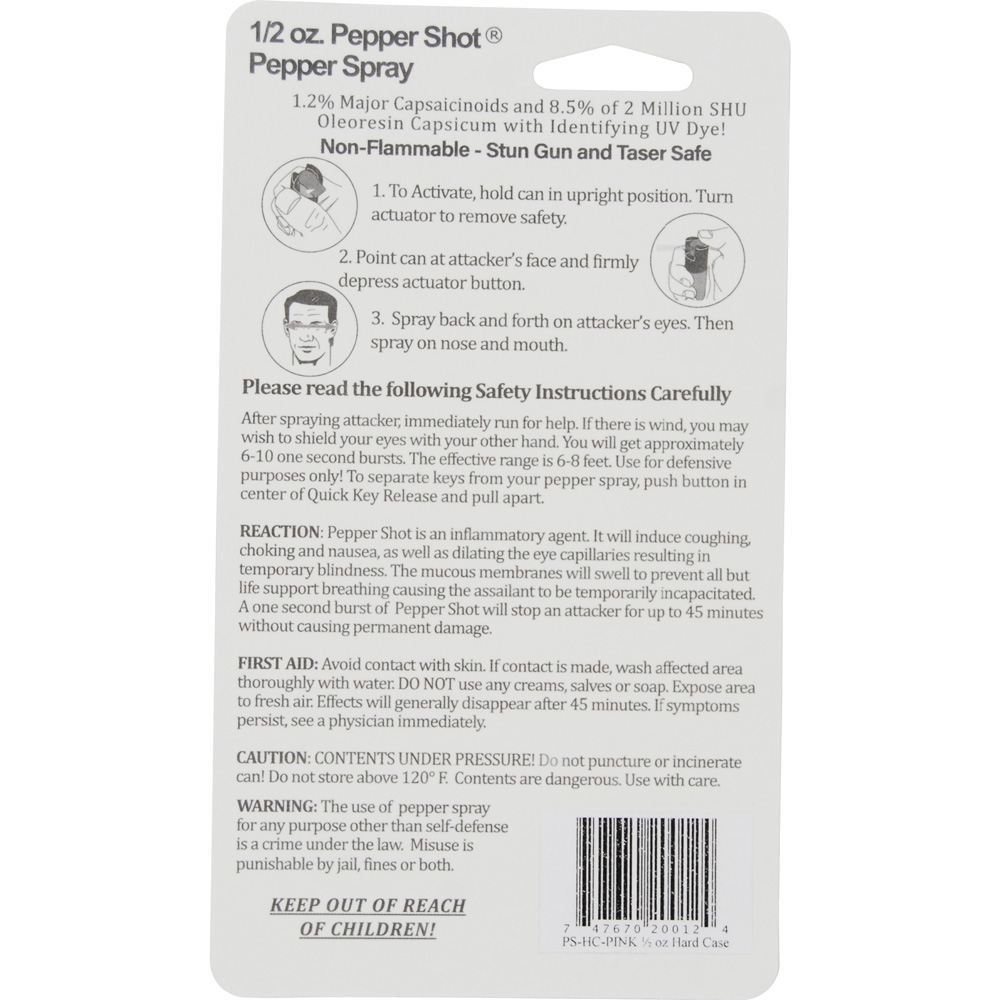 Pepper Shot 1.2% MC 1/2 oz pepper spray hard case belt clip and quick release keychain pink view 2